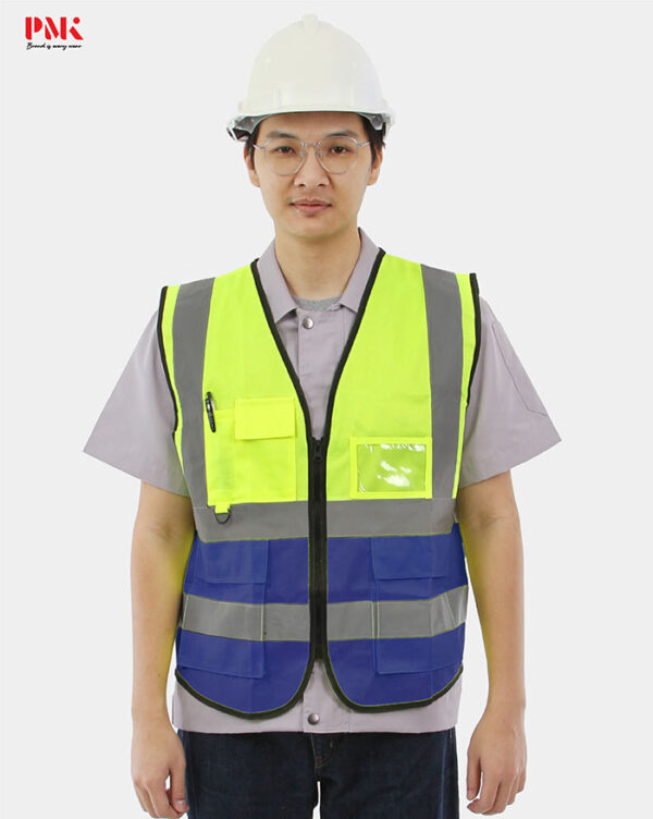 เสื้อกั๊กเซฟตี้มีกระเป๋า (ผ้าPolyester) สีเขียว/น้ำเงิน