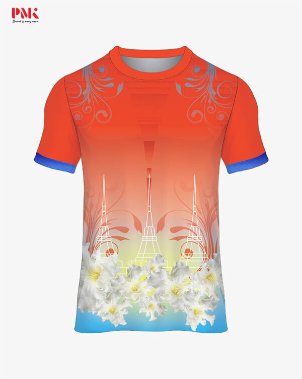 (สินค้าหมด) เสื้อคอกลมพิมพ์ลาย ดอกกาญจนิการ์ สีส้ม