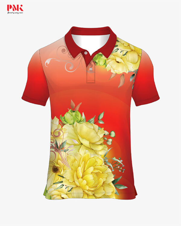 (สินค้าหมด) เสื้อโปโลพิมพ์ลาย ดอกสุพรรณิการ์ สีแดง