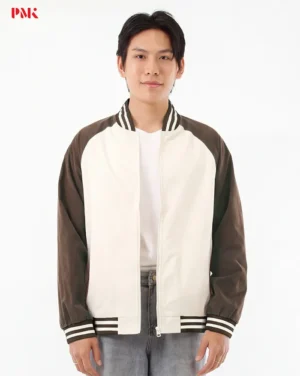 แจ็คเก็ต Baseball Premium สีครีมตัดต่อน้ำตาล