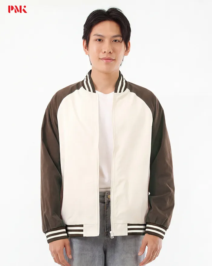 แจ็คเก็ต Baseball Premium สีครีมตัดต่อน้ำตาล