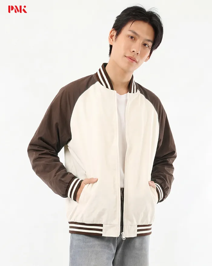 แจ็คเก็ต Baseball Premium สีครีมตัดต่อน้ำตาล - Image 3