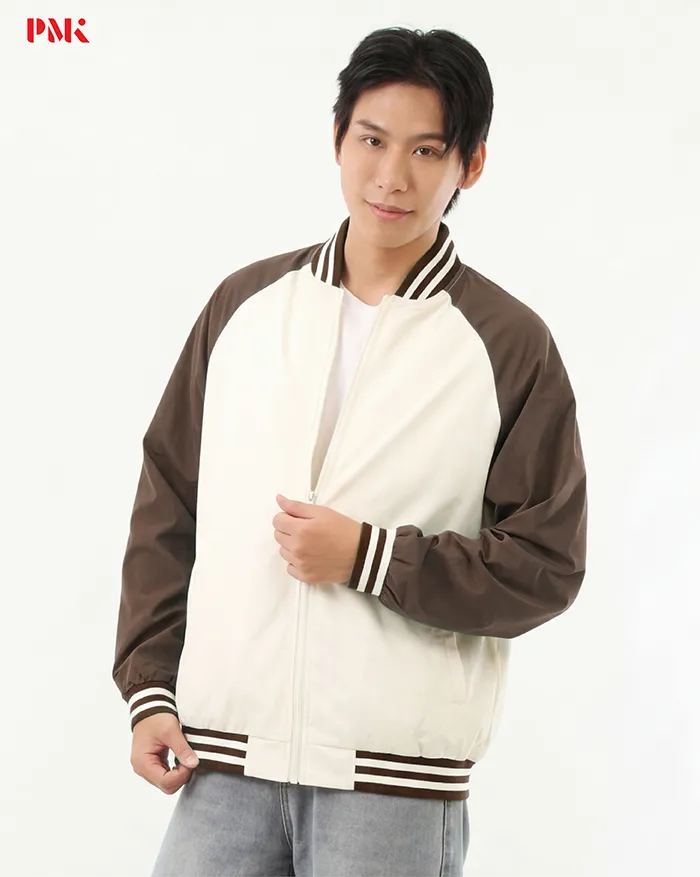 แจ็คเก็ต Baseball Premium สีครีมตัดต่อน้ำตาล - Image 2